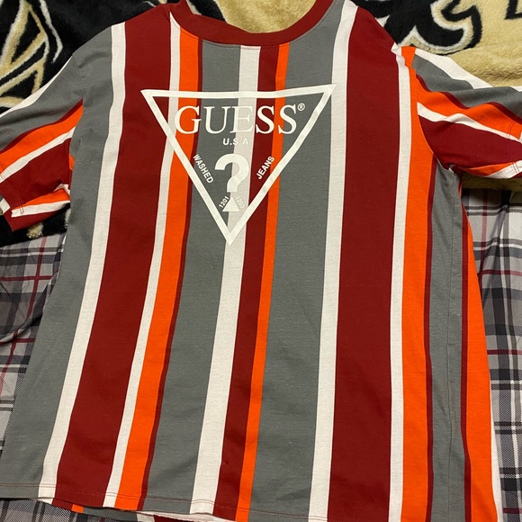 Guess orange maroon white striped tshirt